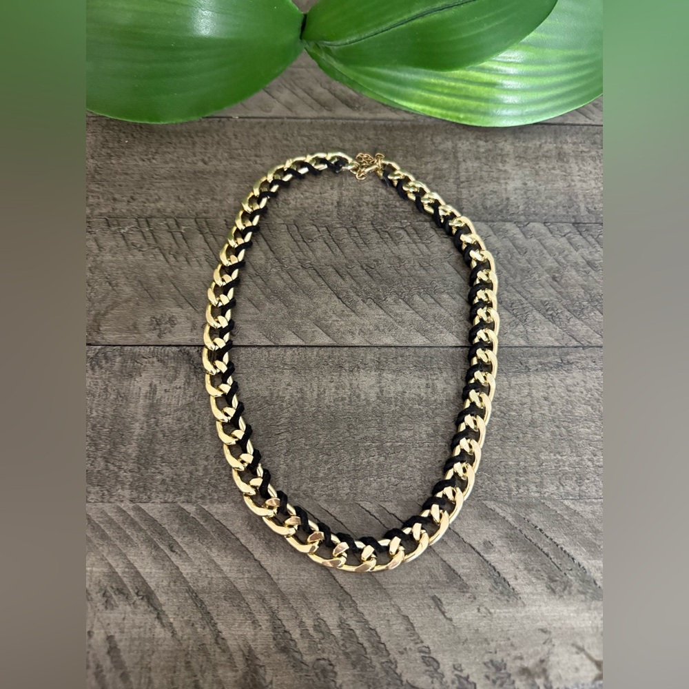 Elegant Black faux leather strap and Gold Chain Necklace